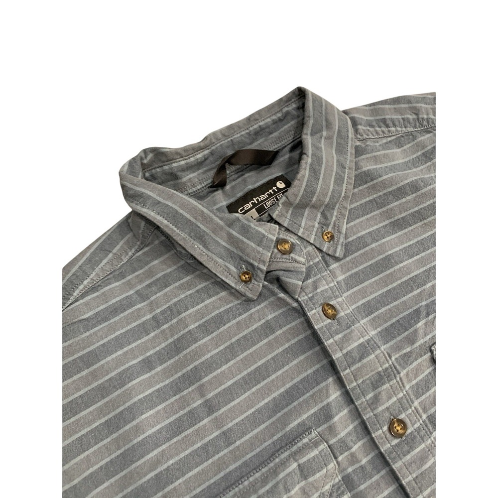 Carhartt Mens XL Loose Fit Short Sleeve Button Down Striped Work Shirt Blue Grey